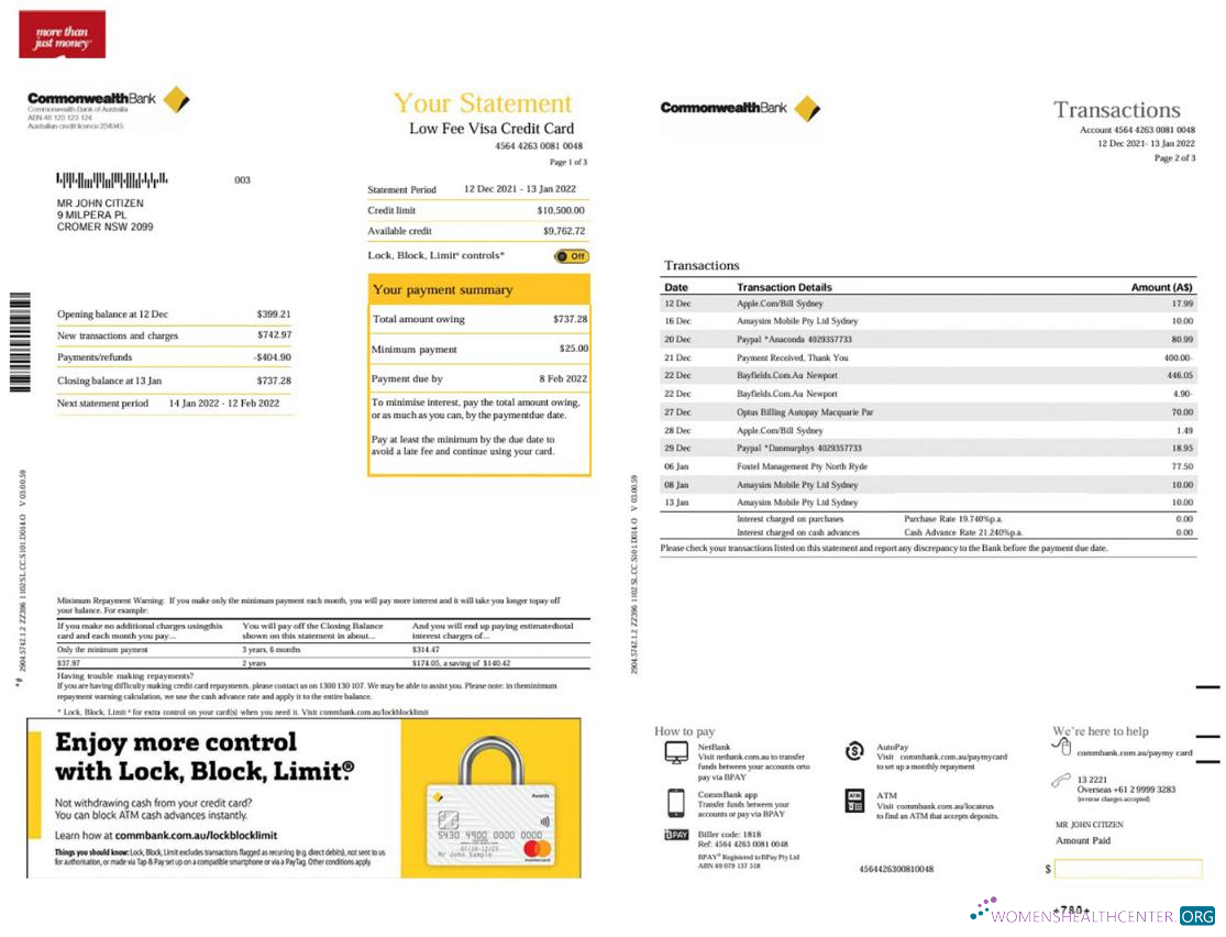 Download Australia Commonwealth bank statement, 3 pages Photoshop template